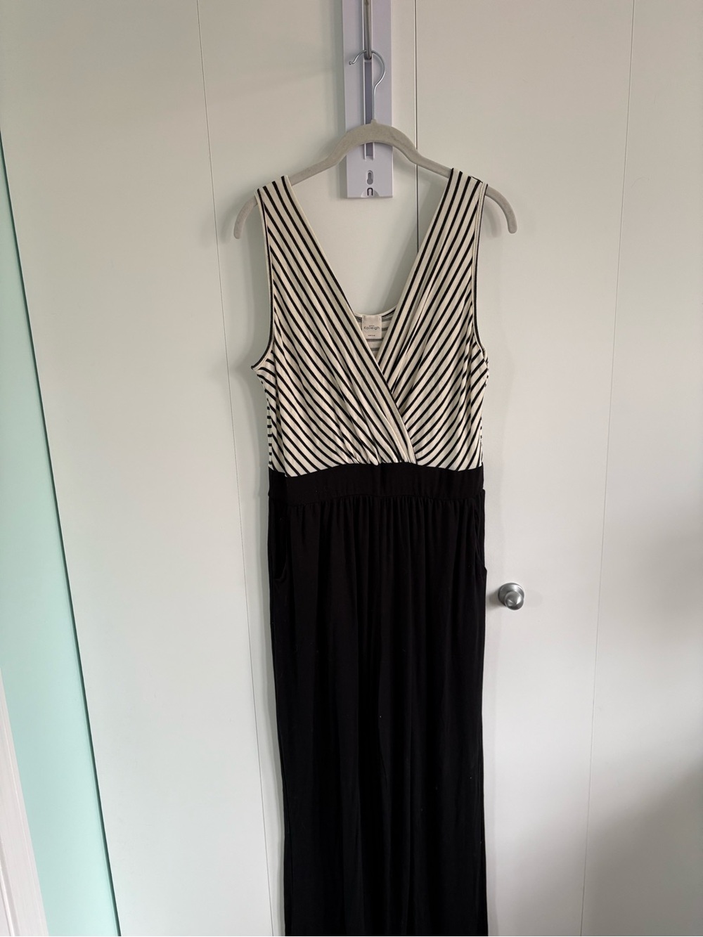 Kaileigh Black and White Striped Surplice jumpsuit